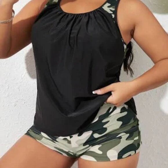 SHEIN Swim Plus Size 4X Camo Print Tankini Set Racer Back Tank Top Boy Shorts - Picture 1 of 5